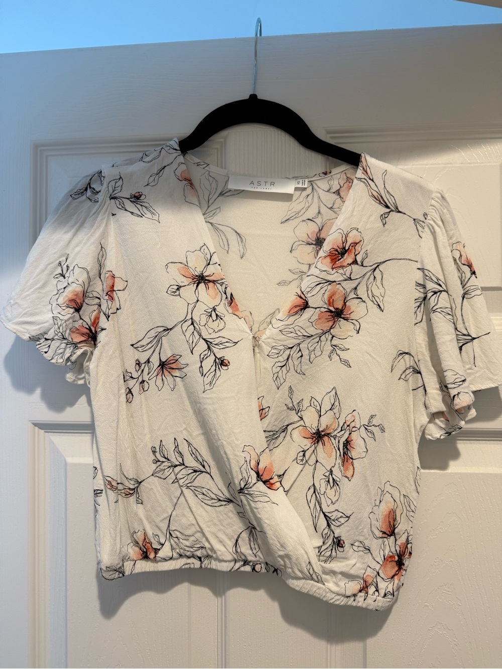 Astr the Label Cream Floral Wrap Crop Top with Peach Blooms